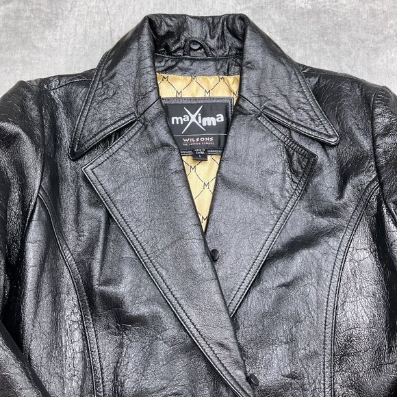 Maxima Wilsons Coat Women Lg Black Leather Double Breast Shiny Crinkle Long VTG - Picture 3 of 13